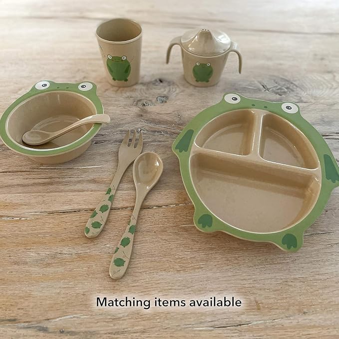 Nuby Eco-Friendly Natural Rice Husk Spoon and Fork Set- 2 Piece Set, Frog Print, 6+ Months- Fully Compostable and Biodegrable