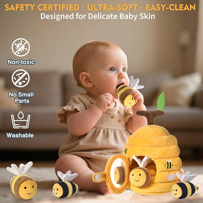 Baby Toys for 1 Year Old, Soft Beehive with 5 Stuffed Bees, Crinkle, Rattle, Mirror, Montessori Toys for One Year Old Birthday Gift for 12-18 Months Baby Easter Basket Stuffers