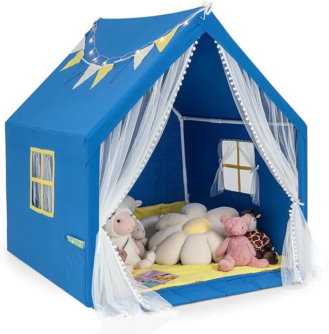HONEY JOY Kids Tent, Large Kids Play Tent w/Washable Padded Mat, Star Lights, Flags, Windows & Storage Pocket, Indoor Outdoor Toddler Playhouse, 48” x 42” x 50”, Tent for Kids Boys Girls