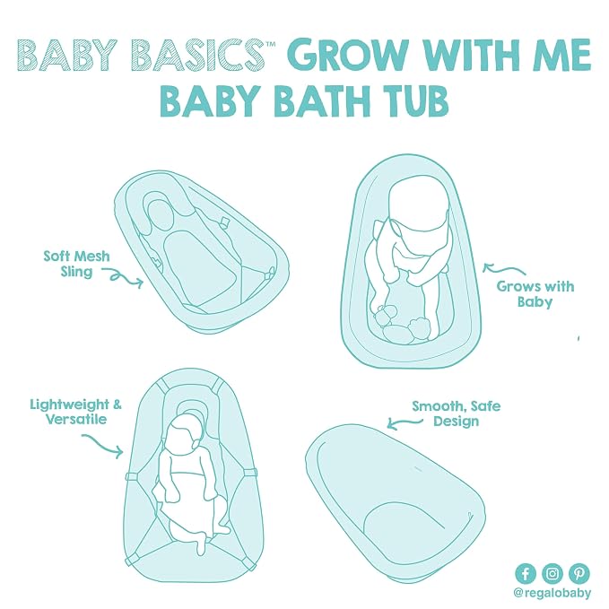 Regalo Baby Basics 3-in-1 Grow with Me Baby Bathtub with Foam Padded Air Mesh Sling, Adjustable Infant Bath Tub for Newborn to Toddler, Baby Bath Seat Support, Easy Clean with Drying Hook