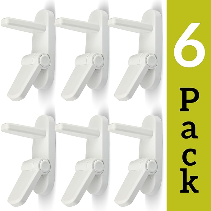 Door Lever Lock (6 Pack) Prevents Toddlers from Opening Doors. 3.25" L * 1.5" W * 4.5" H Easy One Hand Operation for Adults. Durable ABS with 3M Adhesive Backing. Simple Install, No Tools Needed.