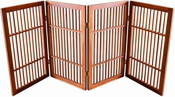 Urnporium Pet Dog Gate Freestanding, Strong Durable Folding Wooden Fence, Portable Acacia Hardwood Safety Barrier for Indoor & Outdoor Use (Brown Pet Gate, 4 Panel 30" Tall)