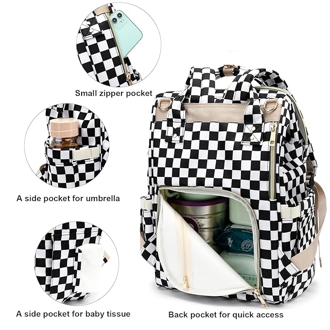 Checkered Diaper Bag Backpack for Baby Girls, Mom Waterproof Large Nappy Bags for Women