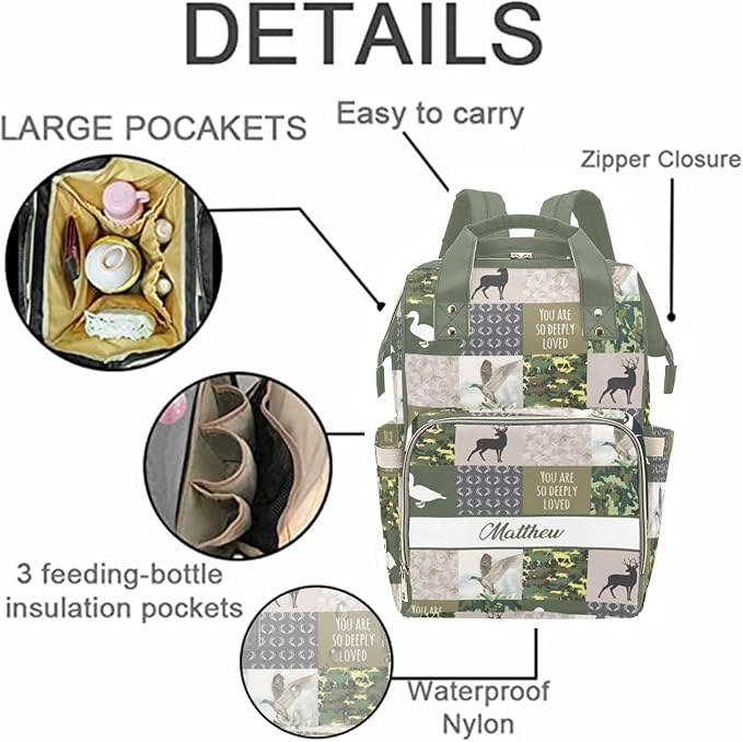 Custom Diaper Bag for Women, Personalized Name Multifunction Nylon Nursing Mommy Daypack with Large Capacity for Travel, Birthday Mother Gift (Deer Hunting)