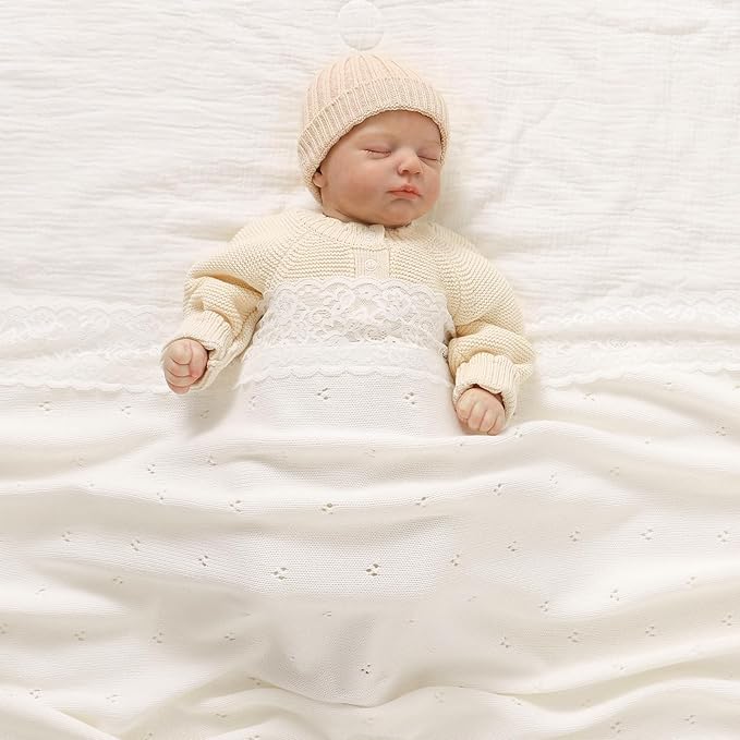 Hadetoto Cotton Lace Knit Baby Blankets, Super Soft Lightweight Crib Blanket for Infant Boys Girls, Nursery Bedding (White)
