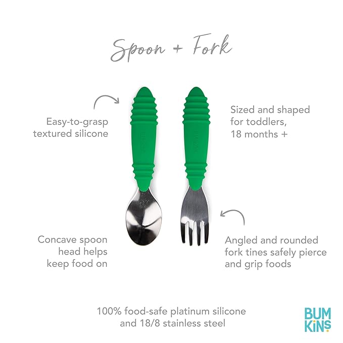 Bumkins Toddler Utensils, Kids Size Fork and Spoon Set, Silicone and Stainless-Steel Training Silverware, Fork / Spork for Self-Feeding, Children Hold Learning to Eat, 18 Months Up, Jade Green