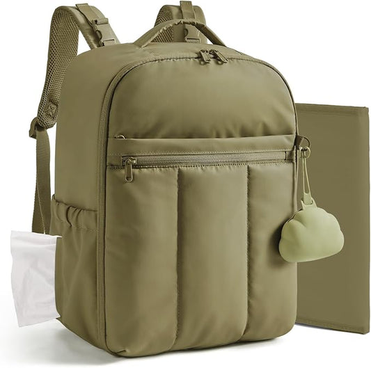 BAGSMART Baby Diaper Bag Backpack, Lightweight Puffy Diaper Bag with Insulated Pockets& Pacifier Case, Travel Stroller Straps with Waterproof Changing Pad, Green