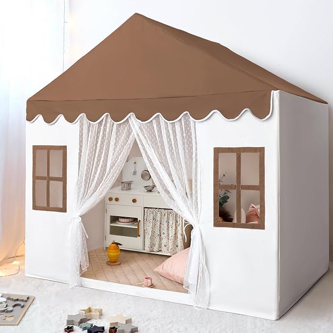 Kids Play Tent with Mat, Large Playhouse Play Tent Indoor for Girls Boys, Kids Tent Toys for Toddlers Children Play House Toy Birthday Gift (Brown)