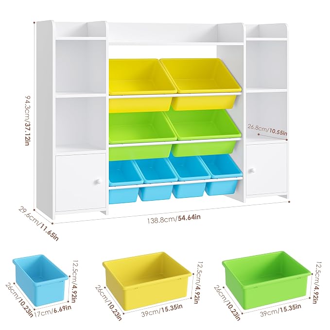 FOTOSOK Toy Storage Organizer with 8 Toy Bins, Toy Organizer Kids Bookshelf with 6 Storage Cubbies, Stuffed Animal Storage Organizer, Playroom Storage and Toy Chest, White/Green
