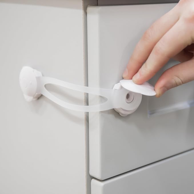 Regalo 3 Pack Child Safety Cabinet Locks, No Drill Adhesive Baby Proofing Latches for Drawers, Fridge and Cabinets, Multi-Purpose 3M Straps, White