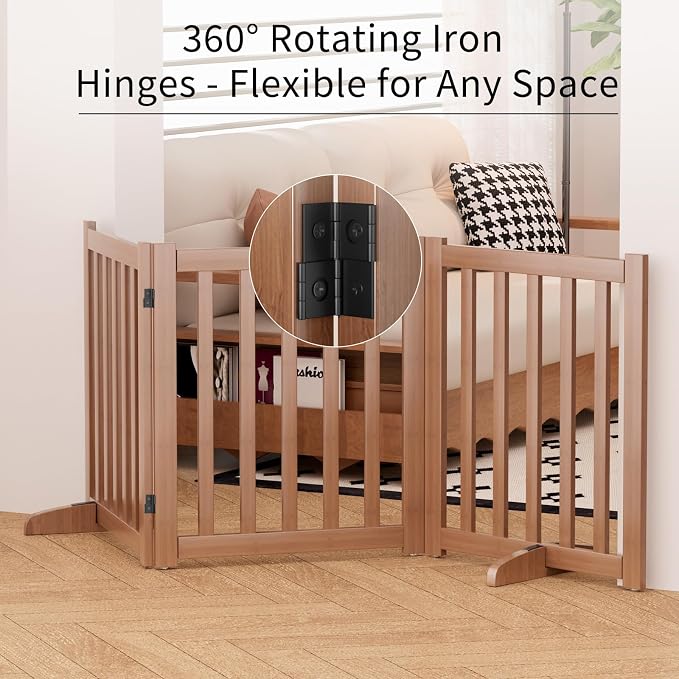 Wooden Freestanding Foldable Dog Gate, 24 Inch Height 3 Panel Pet Gate No Drill for Doorways Stairs, Fully Assembled Indoor Puppy Fence (Brown, 60" W x 24" H)