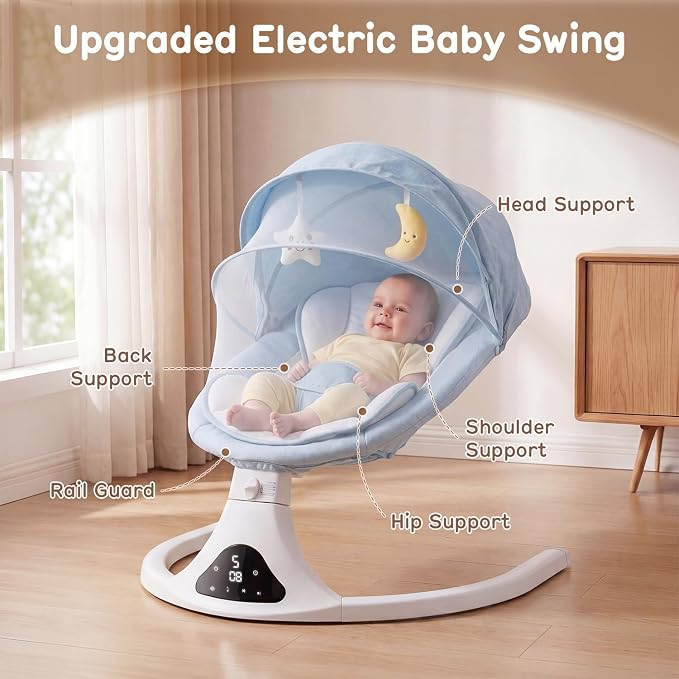 Electric Baby Swing with Remote Control - 5 Natural Motion Speeds, Detachable Seat Pad | Portable Infant Swing for Indoor/Outdoor Use (0-12M, 20lbs) (Blue)