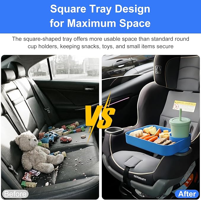 Car Seat Snack Tray for Kids, Mess-Free Square Travel Tray Cup Holder Snack Tray, Durable Car Food Tray for Toddlers, Universal Fit Kids Travel Road Trip Essentials (blue)