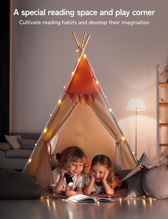 Teepee Tent for Kids Indoor,Kids Play Tent, Toddler Teepee Girls Boys, Baby Teepee, Children Room, Reading Tp,Canvas Playhouse with Lights and Mat (Peachy-Pink, Padded mat)