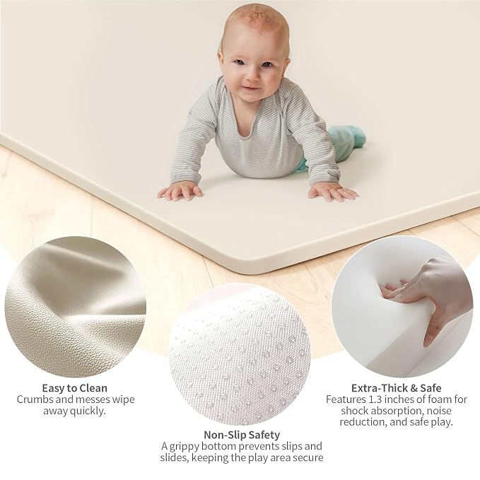 Baby Play Mat for Floor, 74"×50" Playpen Mat, 1.3" Thick Elasti-Foam, Non-Slip Crawling Mat for Tummy Time, Waterproof & Wipe-Clean Playmat for Toddler,Infant, Kids (Beige)