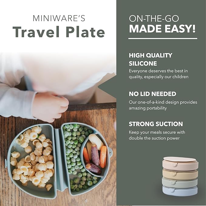 Miniware Fold & Scoop Baby Feeding Set - Silicone Travel Baby Plate With Suction & Baby Spoon - Compact, Portable, Dishwasher-Safe, Suction Base for Mess-Free Eating (Aquamarine and Aqua)