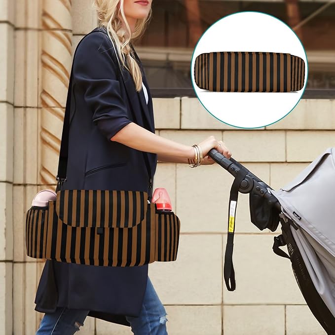 Baby Stroller Bag Brown Black Stripes Stroller Caddy Organizer Bag with Adjustable Straps Non-slip Hook Large Storage for Strollers
