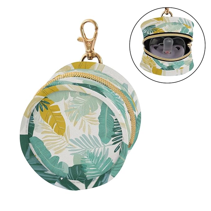 Pacifier Holder with Clip Pacifier Case for Diaper Bag Round Baby Pacifier Pouch Box Bag Portable Palm Leaves White