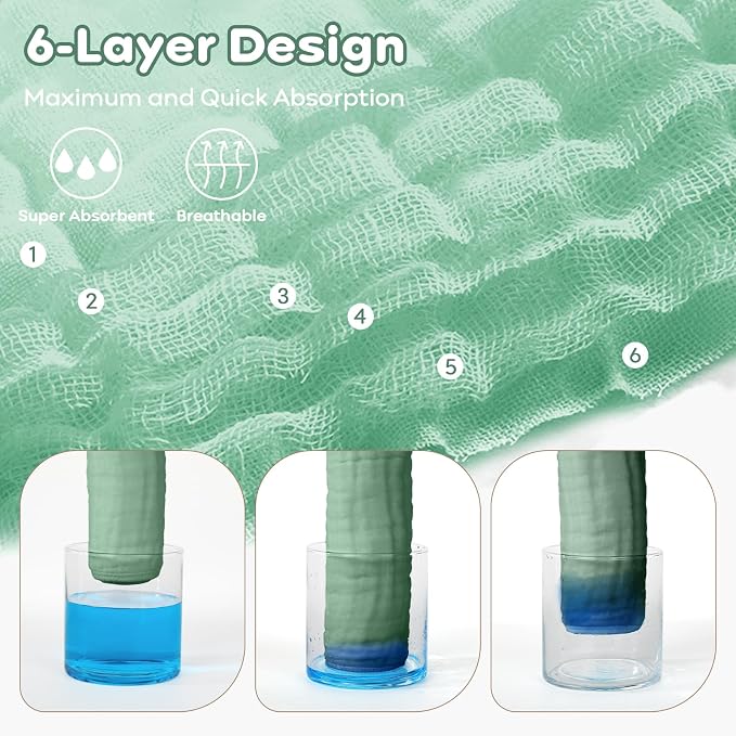 Yoofoss Muslin Baby Washcloths 100% Organic Cotton Face Towels 6 Pack Wash Cloths for Baby 12x12in Soft and Absorbent Baby Wipes (Gradient Green)