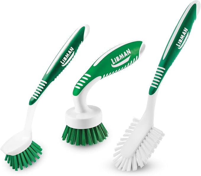 Libman Green & White Cleaning Brush Kit, 3-Piece Set, All-Purpose Brushes for Kitchen, Basins, Sinks, Dishwashers