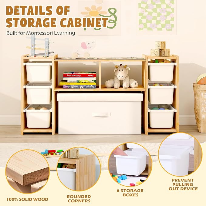 MallBest Montessori Shelf for Kids - 100% Solid Pine Wood with 6 Removable Plastic Bins, Toy Storage Organizer Cabinet for Playroom, Bedroom & Nursery (Natural)
