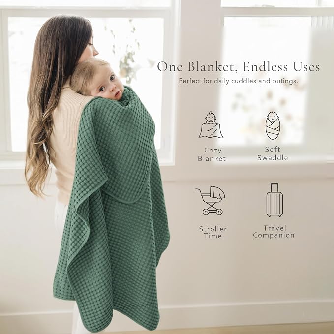 Konssy Waffle Baby Blanket - Soft & Cozy Nursery Swaddle Blanket, Lightweight Toddler Throw for Boys & Girls, Ideal for Wrapping(Green)