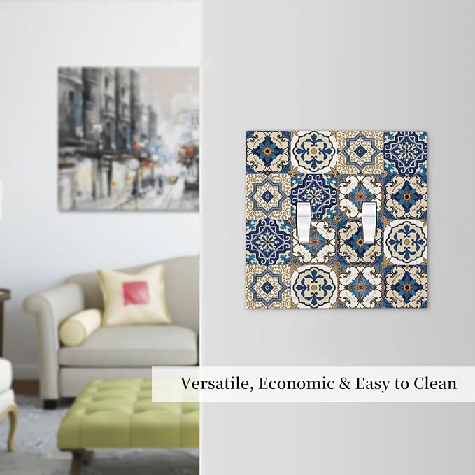 Boho Talavera Decorative Tile Moroccan Mandala Print Decorative Switch Plates 2 Gang Double Toggle Outlet Light Switch Cover Wall Plate Electrical Faceplate for Bathroom Kitchen Decor