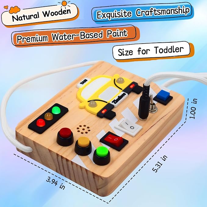 Montessori Busy Board Wooden Sensory Toys with LED Light Up Switch Travel Toys for 1+ Year Old Toddler Baby Boys Girls Gifts (Taxi Busy Board)