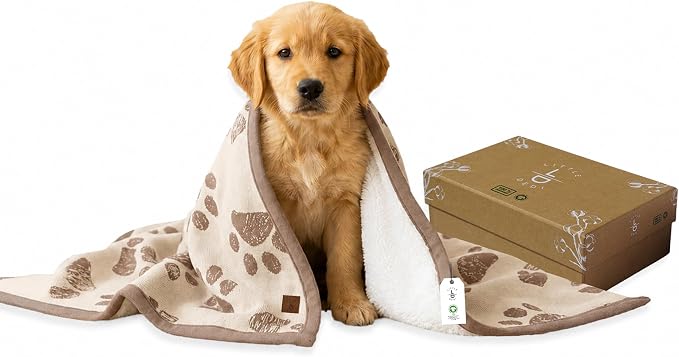 100% Organic Cotton Pet Blanket 30 x 38 in – Plush Double Layer Sherpa, Amber Glow Paw Jacquard Knit, Cozy Throw for Small Dogs, Cats & Baby – Earth Ivory/Mocha Meringue