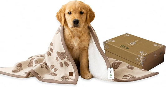 100% Organic Cotton Pet Blanket 30 x 38 in – Plush Double Layer Sherpa, Amber Glow Paw Jacquard Knit, Cozy Throw for Small Dogs, Cats & Baby – Earth Ivory/Mocha Meringue