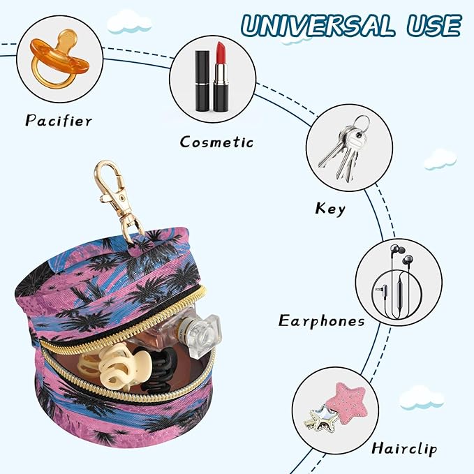 Pacifier Holder with Clip Pacifier Case for Diaper Bag Round Baby Pacifier Pouch Box Bag Portable Palm Tree Wave Pink Blue