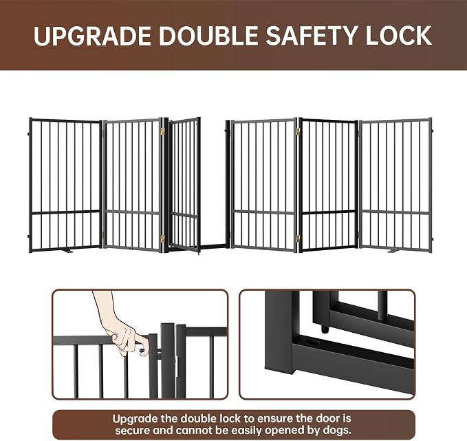 6 Panels Full Metal Freestanding Dog Gates with Door, 120” W x 36” H Folding Pet Gate Fence with Support Feet for Indoor,Stairs, Hallways and Doorways(Black)