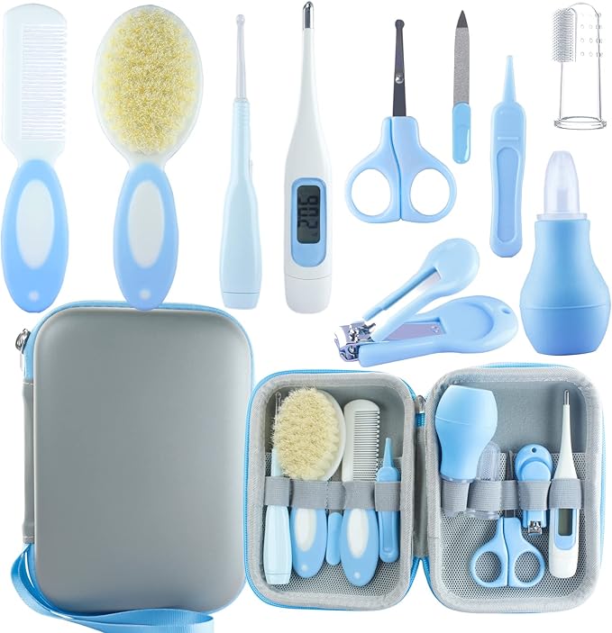 Baby Grooming Kit, Baby Essentials for Newborns, Portable Baby Care Kit, Contains Baby Nail Clippers, Baby Comb, Baby Brush, Baby Ear Wax Removal Tool and More (10 in 1) (Blue)
