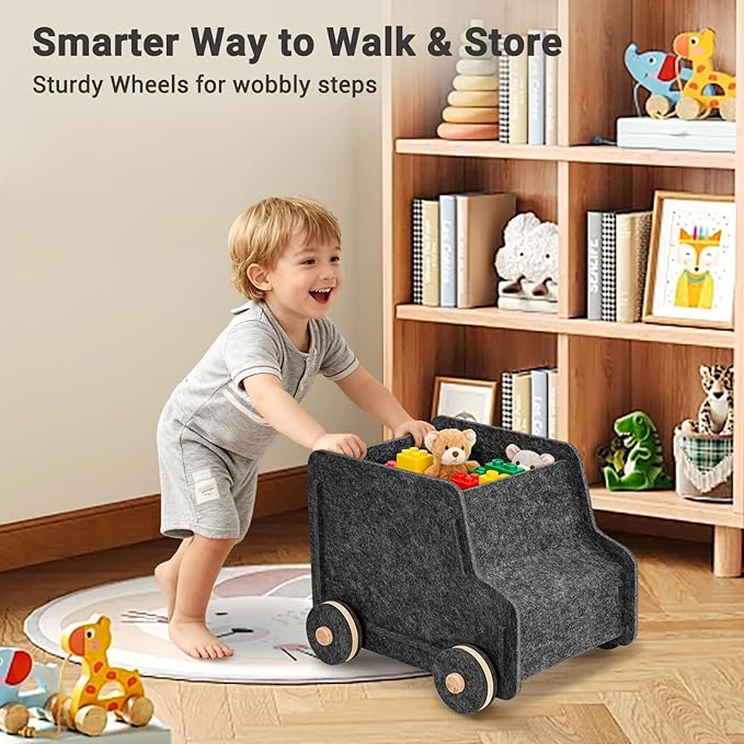 Toy Storage Box with Wheels, Soft Felt Toy Organizers and Storage for Kids, 17" x 12" x 12", 10 Gal, Multifunction Toy Chest for Living Room, Playroom, Nursery - Dark Gray