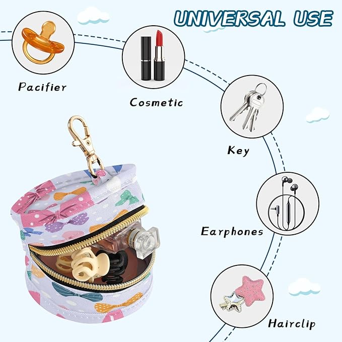 Pacifier Holder with Clip Pacifier Case for Diaper Bag Round Baby Pacifier Pouch Box Bag Portable Blue Bows and Polka Dots
