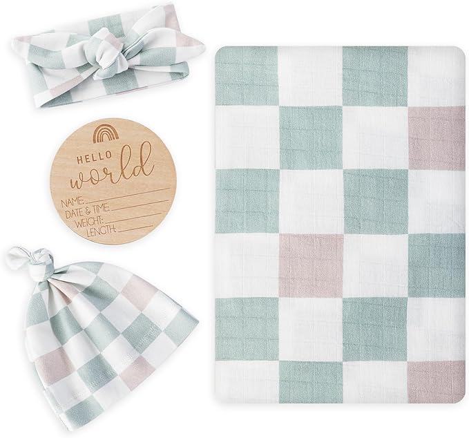 BabyWhale Muslin Swaddle Blanket with Hat and Headband Bow, Checkered Print Swaddle Set for Baby Boys ï¼?Girls, Unisex Soft Receiving Blanket Wrap, Green Grey Checkered, 47x47 inches