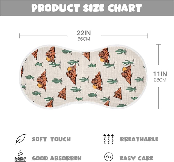 Western Cactus Muslin Burp Cloths for Baby Boys and Girls - 2-Pack Ultra Absorbent Muslin Washcloths, Newborn Towel, Milk Spit Up Rags, Burp Cloth Bibs, 22 x 11 Inch