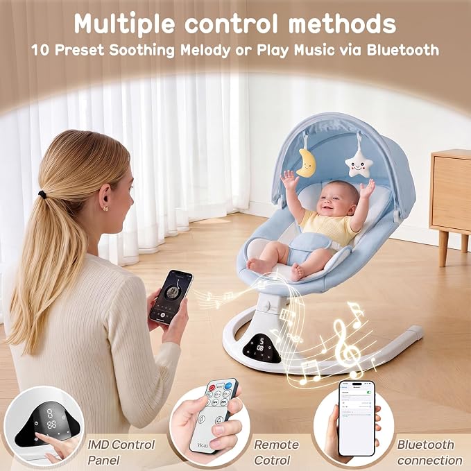 Electric Baby Swing with Remote Control - 5 Natural Motion Speeds, Detachable Seat Pad | Portable Infant Swing for Indoor/Outdoor Use (0-12M, 20lbs) (Blue)