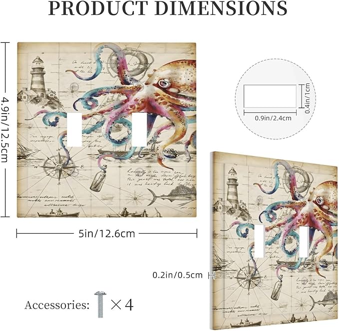 Cool Colorful Nautical Octopus Ocean Kraken Vintage Decorative Switch Plates 2 Gang Double Toggle Outlet Light Switch Cover Wall Plate Electrical Faceplate for Bathroom Farmhouse Decor