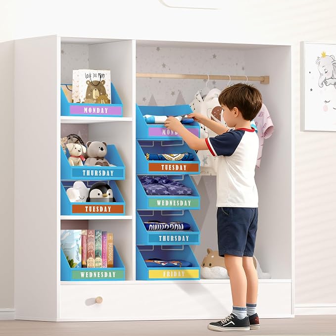 DIMJ Closet Organizers Storage Bins - Clothes Organizer Kids with Weekly Labels & Frame, Stackable Basket Organization, Foldable Shelf Storage Container for Wardrobe Bedroom