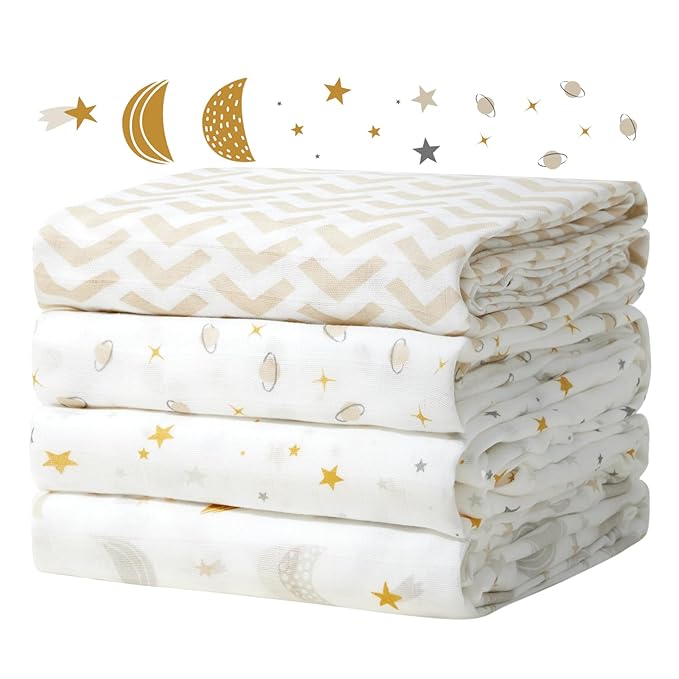 Momcozy Muslin Swaddle Blankets, 4-Pack Breathable and Skin-Friendly Receiving Blankets, Best Wishes Swaddle Blanket Shower Gifts & Baby Registry Essentials, Large 47"x47", Stellar Orbit