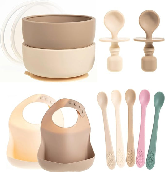 Baby Feeding Set, Silicone Bib, Bowl & Spoons for Self-Feeding First Stage Baby Essentials – Gum Friendly, BPA-Free, Easy to Clean & Safe for Babies, Tan