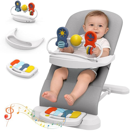 Baby Bouncer Seat, 3-Speed Adjustable Height Baby Bouncer Seat, 4-in-1 Bouncer Seat for Babies 0-6 Months, Detachable Piano Pedals, Feeding Tray