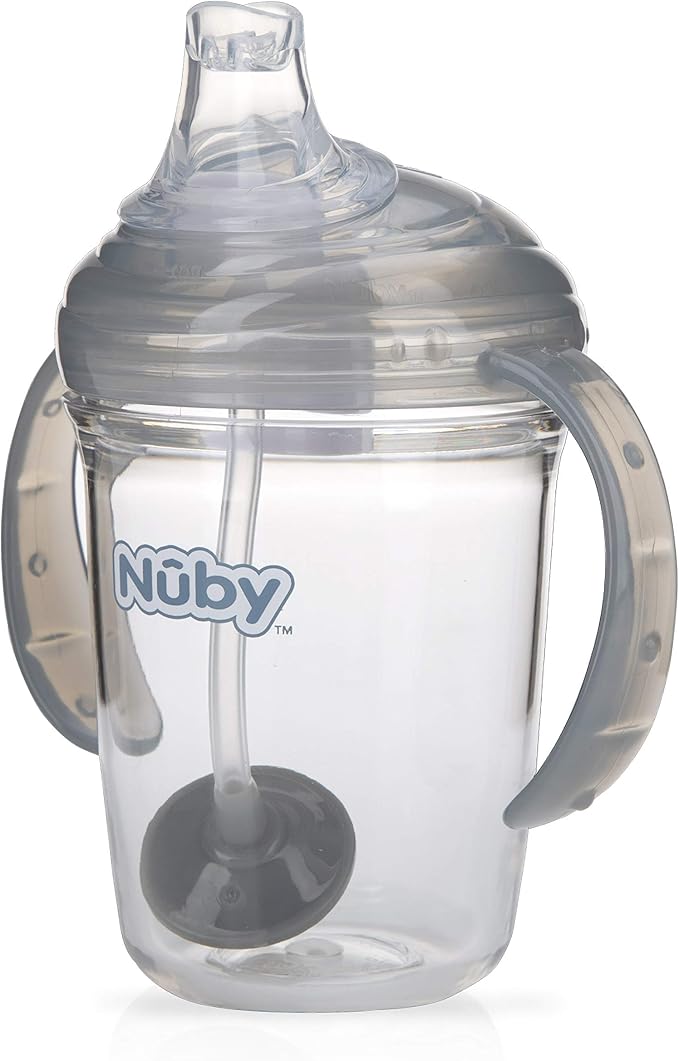 Nuby Twin Handle 360 Grip N' Sip 8oz Tritan Cup with Hygienic Cover, Grey,1 Count (Pack of 1)