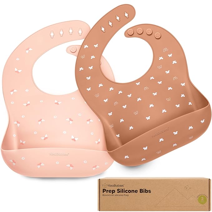 KeaBabies 2-Pack Silicone Bibs for Babies, Toddlers Girl, Boy ??Sturdy Food-Grade Baby Bibs for Eating, Large Food Catcher, Clean & Put On Easily, Waterproof Toddler Feeding Essentials (Butterflies)
