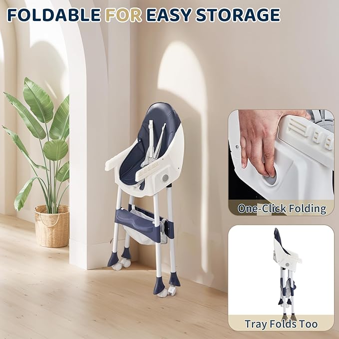 Ktaxon Foldable Baby High Chair, 2-in-1 Portable Convertible Highchair with 5-Point Safety Harness, Easy to Clean Tray and Storage Bag for Toddlers & Babies, Navy Blue