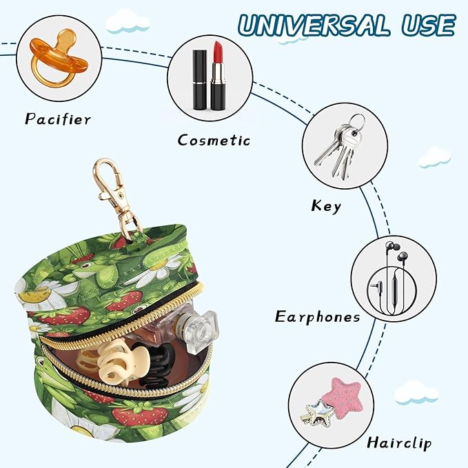 Pacifier Holder with Clip Pacifier Case for Diaper Bag Round Baby Pacifier Pouch Box Bag Portable Black Cute Frog and Strawberry Daisy
