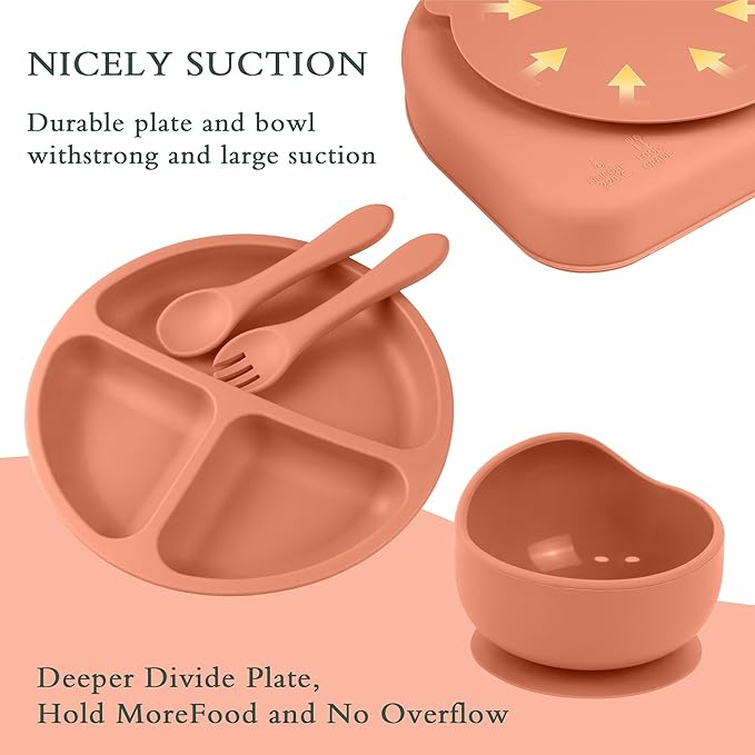 6-Piece Baby Feeding Set, Silicone Baby Mealtime Kit for Food-Grade Strong Suction Baby Plate+Baby Cup+ Bib+Fork+Spoon+Bowl, Toddler Eating Essentials Washable Parenting Gift Idea (Brick red)
