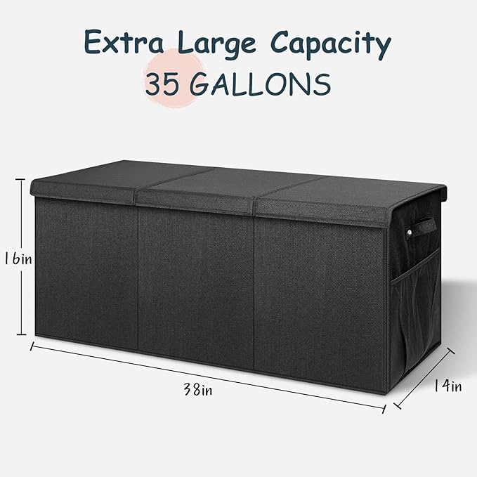 Extra Large Toy Box with Lids - Sturdy Collapsible Kids Storage Organizer Big Bin Chest Basket with Dividers for Boys Girls, Bedroom, Nursery, Living Room, Playroom Organization, 38"x16"x14", Black