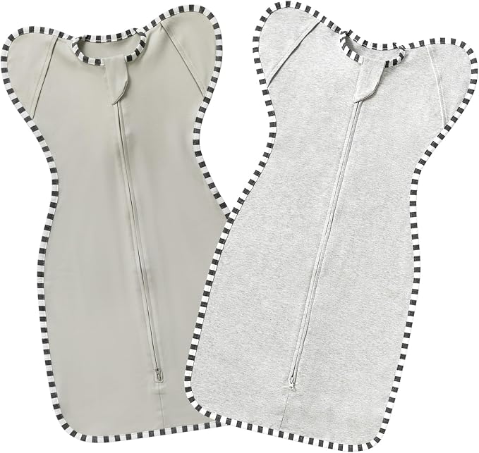 Swaddle Blanket Sack 2-Pack, 100% Cotton Baby Sleep Sack, Arms Up Design with 2-Way Zipper, Breathable Newborn Swaddle for Boys Girls (Light Grey + Grey, Large 6-9 Months)